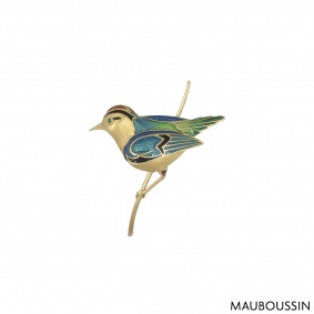 Mauboussin Yellow Gold Enamel Bird Brooch